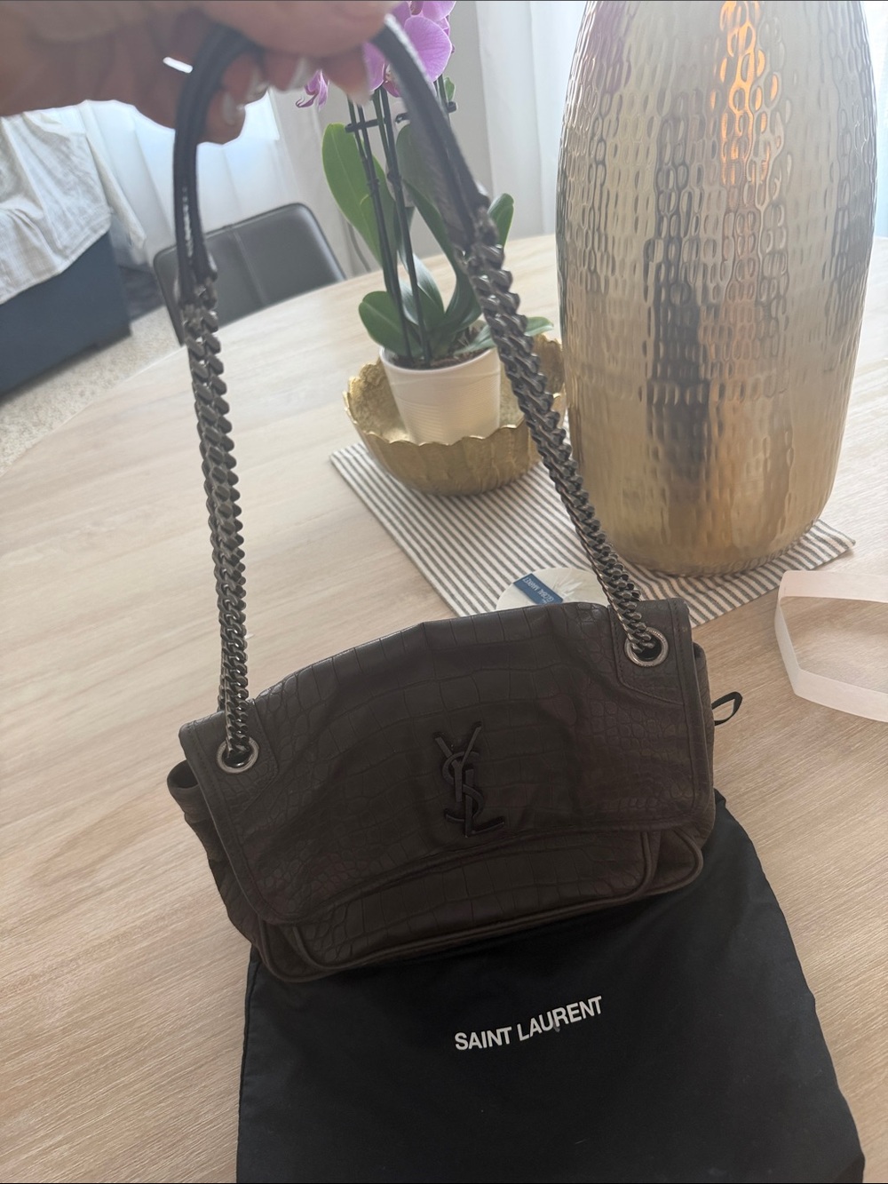 Saint Laurent Dark Brown Croc-Embossed Shoulder Bag with Chain Straps